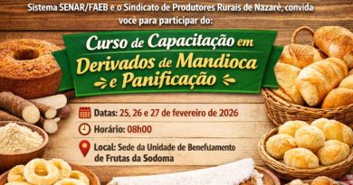 Prefeitura de Muniz Ferreira abre curso gratuito de panificação e derivados de mandioca